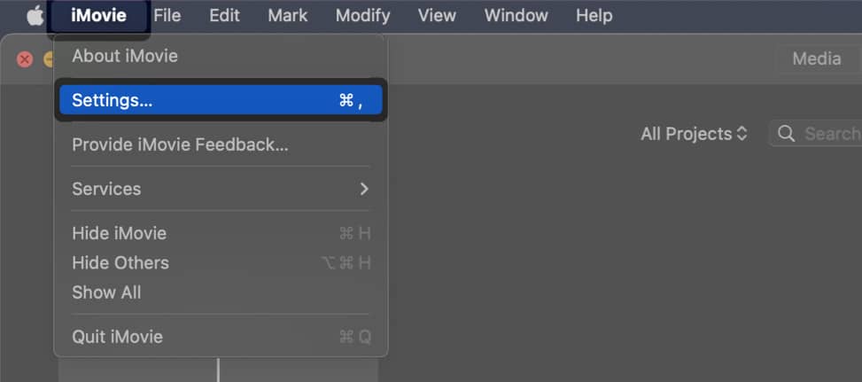 go to imovie settings