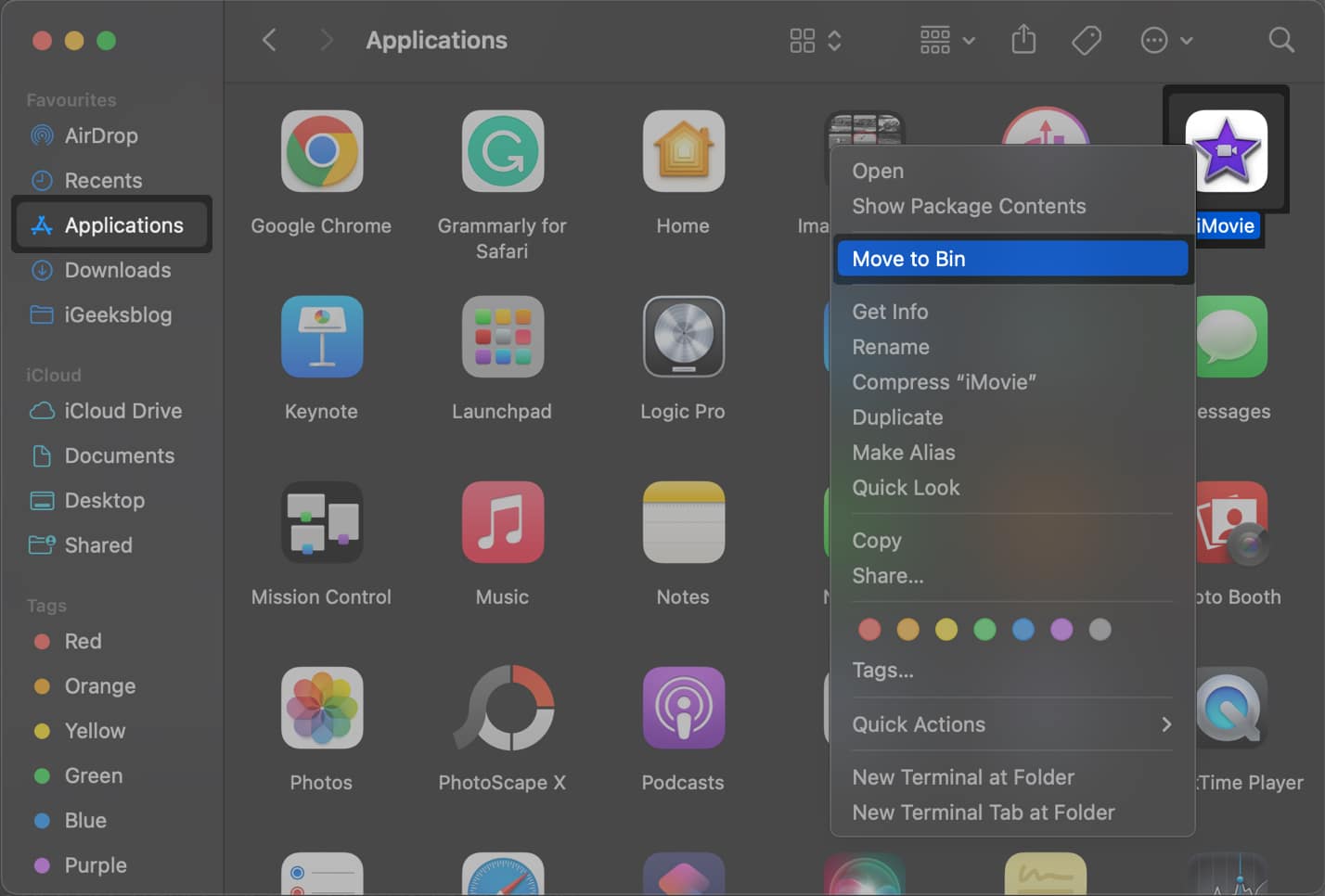 move imovie to bin