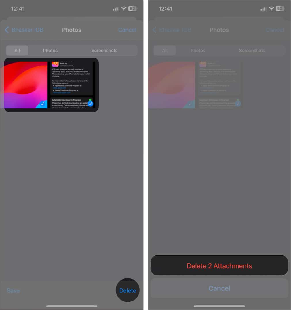 select the images tap delete tap delete attachments in Messages