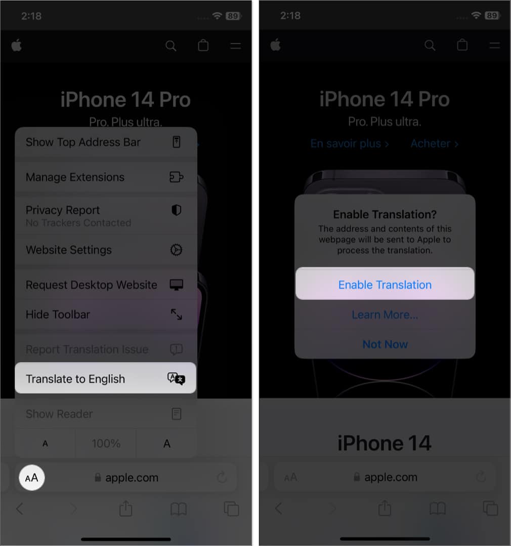 tap aa icon select translate language tap enable translation in safari