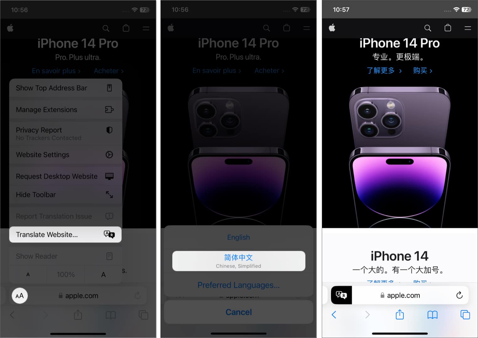 tap aa icon translate website choose a language in safari