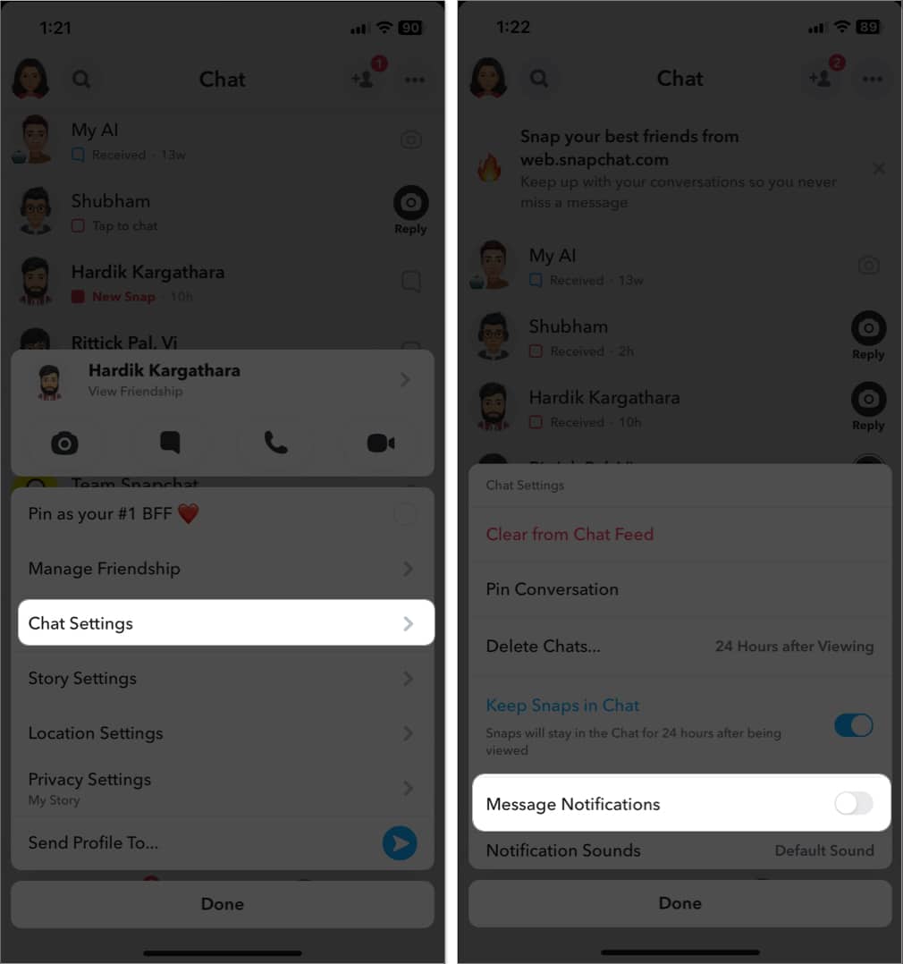 tap chat settings toggle off message notifications in snapchat