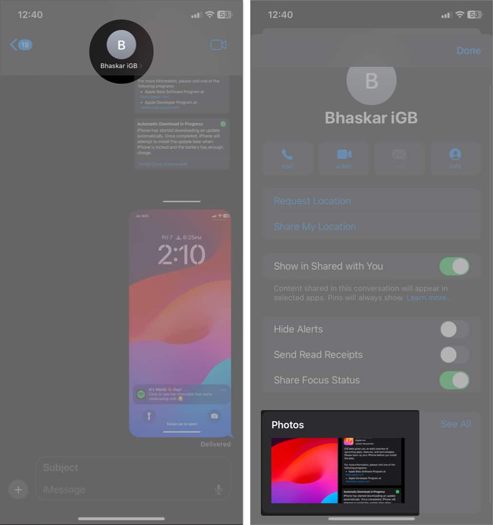 tap contact's name and scroll down to photos in Messages