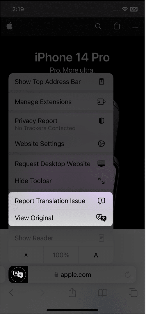 tap translation icon select view original in safari