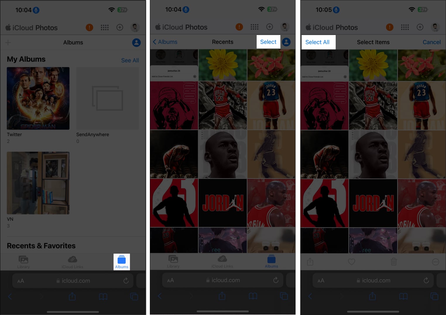Access albums tap select select all in iCloud