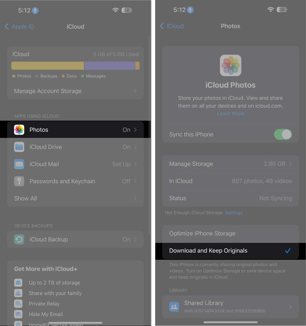 Access photos enable download and keep originals in the settings app