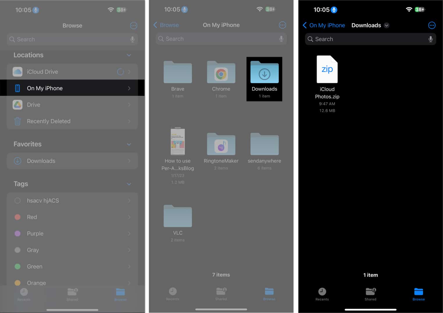 Browse on my iPhone downloads in the files app