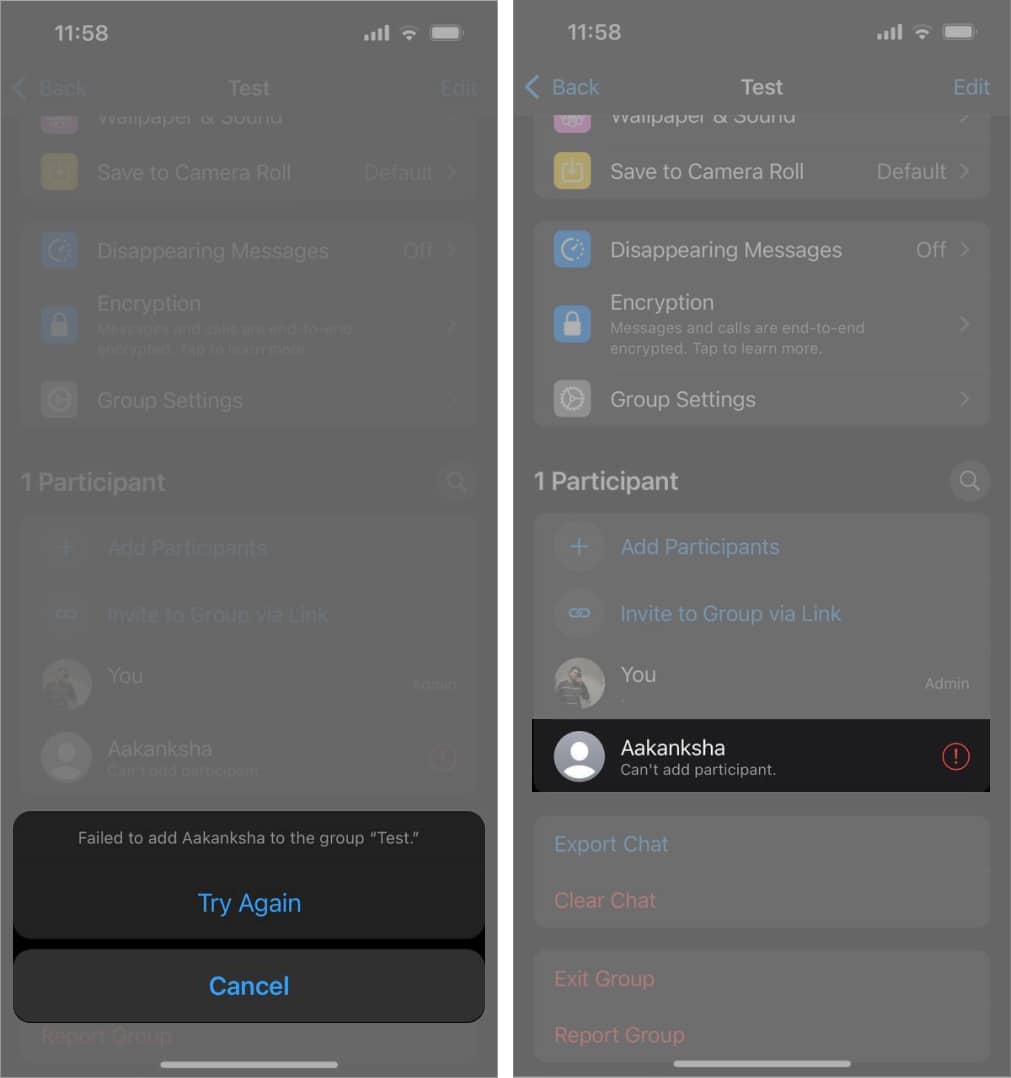 Cant add the user to a WhatsApp group on iPhone
