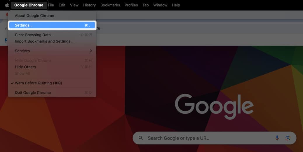 Click Chrome in menu bar and tap Settings on Mac