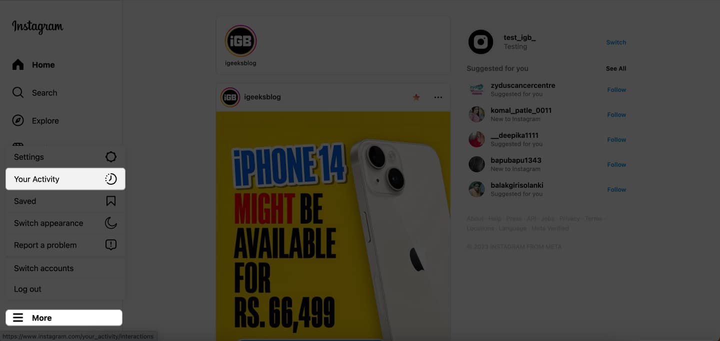 Click More Your activity in Instagram on Mac