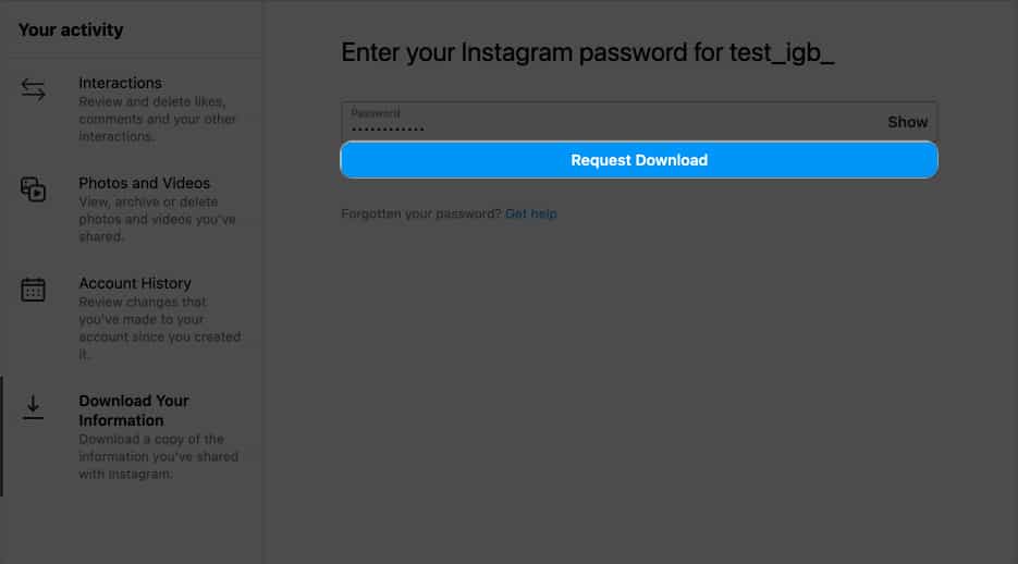 Click Request Download in instagram on Mac 1