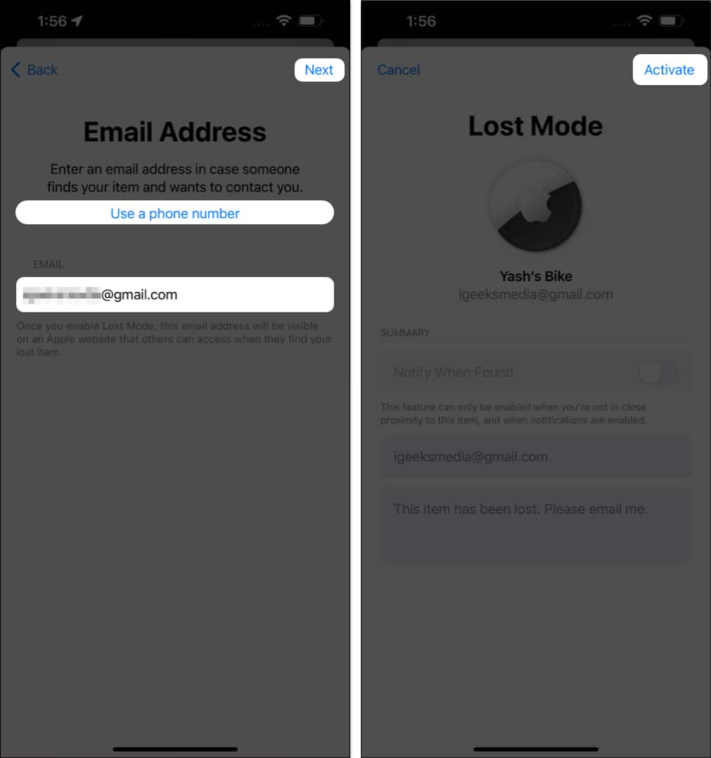 Enter Email ID Next Activate in Find My