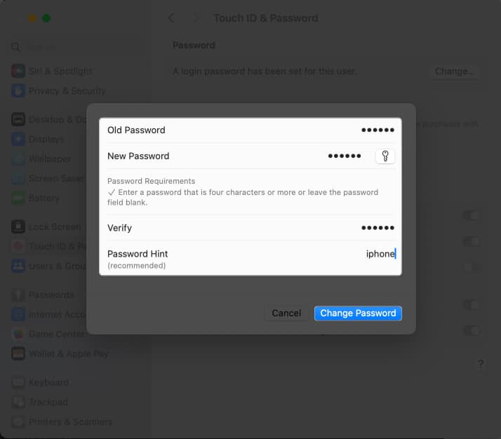 Enter details click Change password
