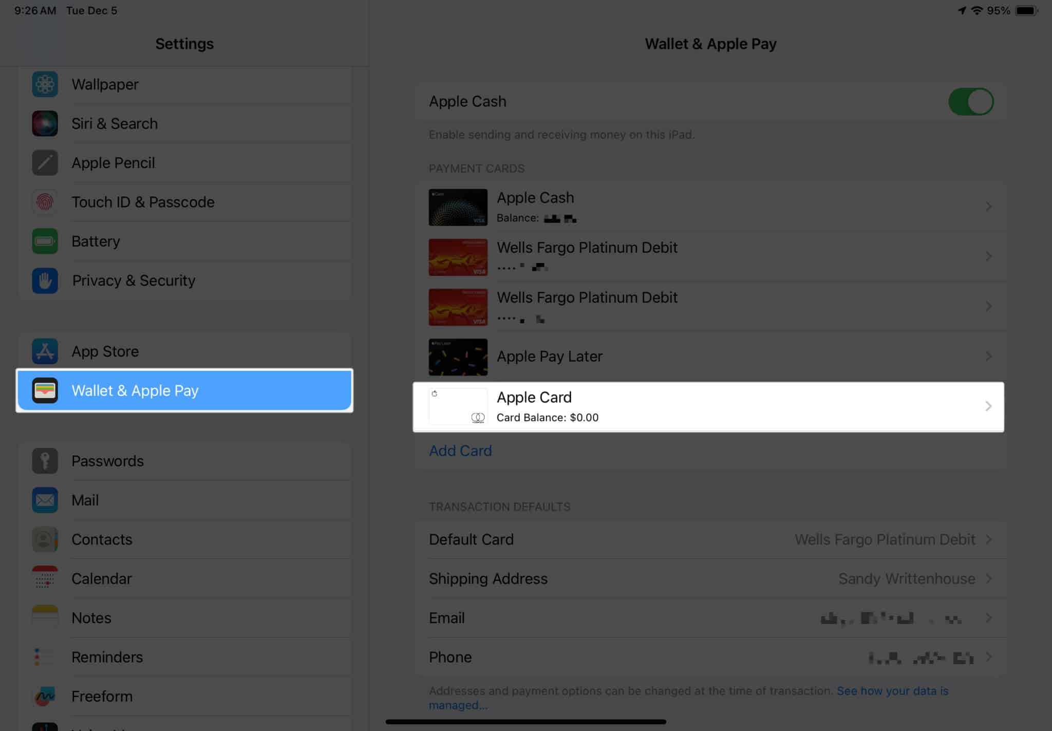 Go to Settings Select Wallets  Apple pay and choose your Apple Card