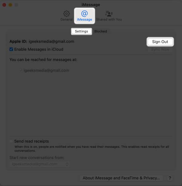 Go to the iMessage section ensure to be on the Settings tab and click the Sign Out button next to your Apple ID