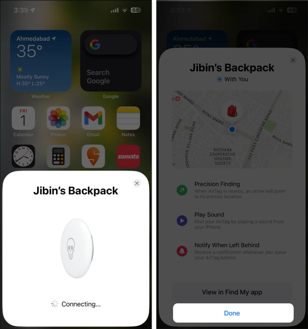 Let the AirTag connect Done in AirTag