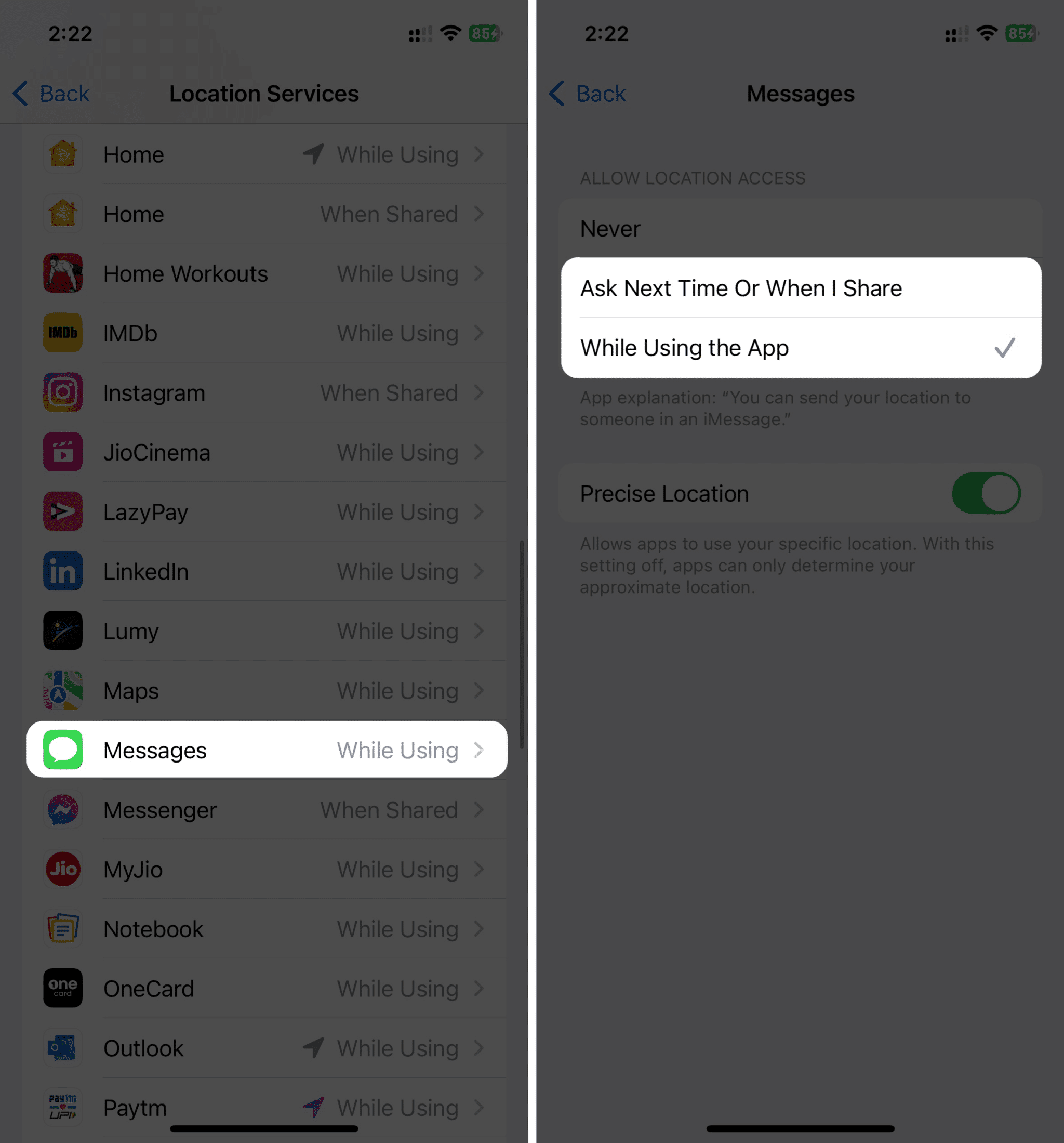 Location Settings of the Messages app