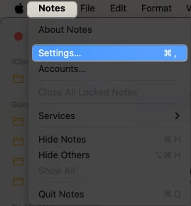 Notes menu Settings