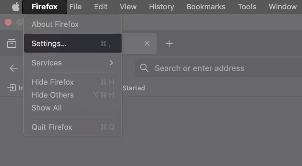On the menu bar click Firefox and Tap Settings