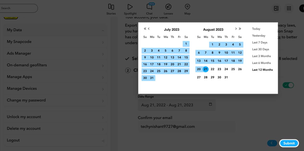 Pick a range of dates and click Submit