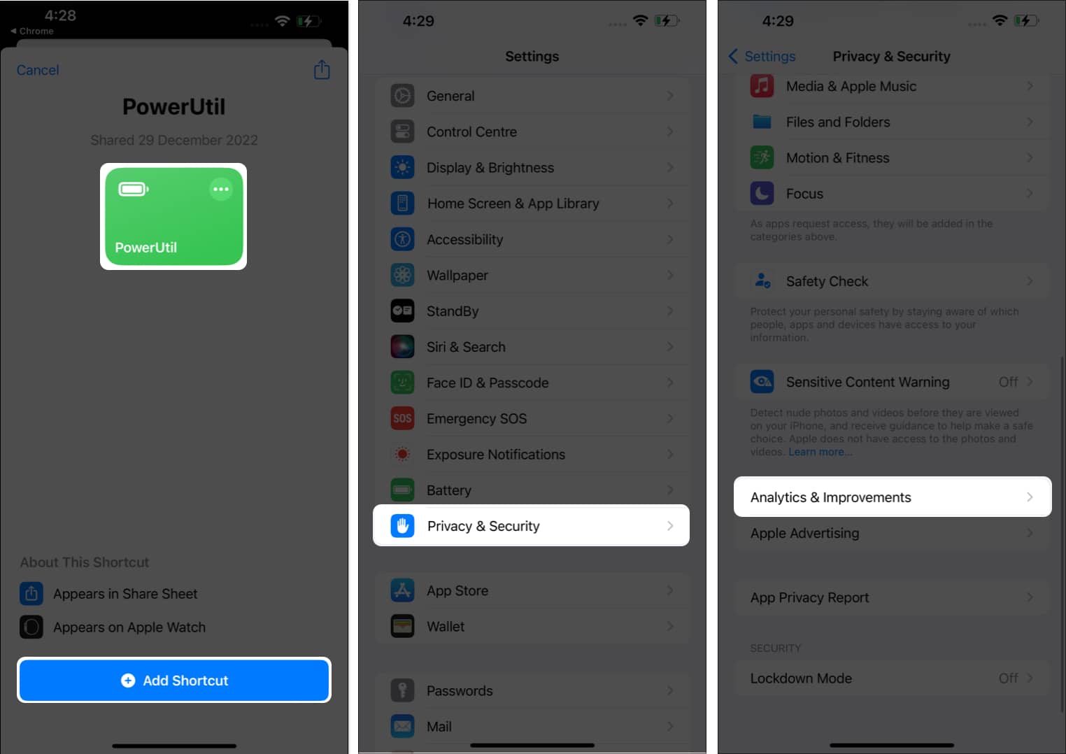 Press + Add Shortcut launch the Settings app go to Privacy and Security and select Analytics and Improvements
