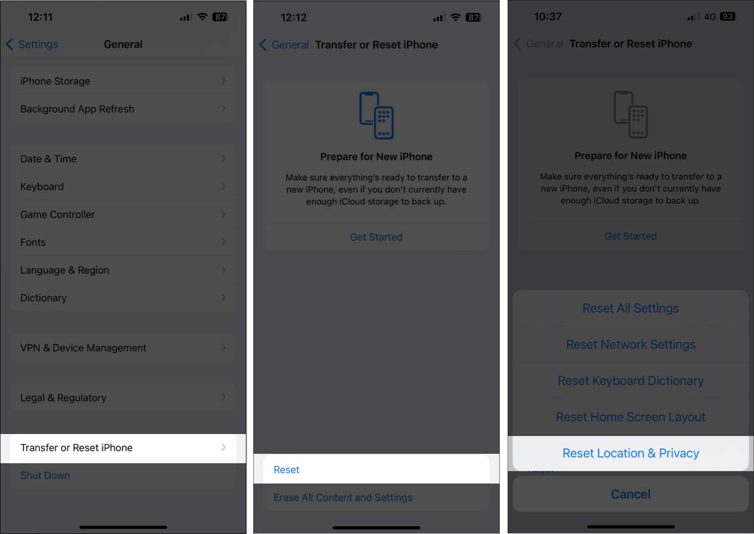 Reset Location  Privacy option in iPhone Settings app