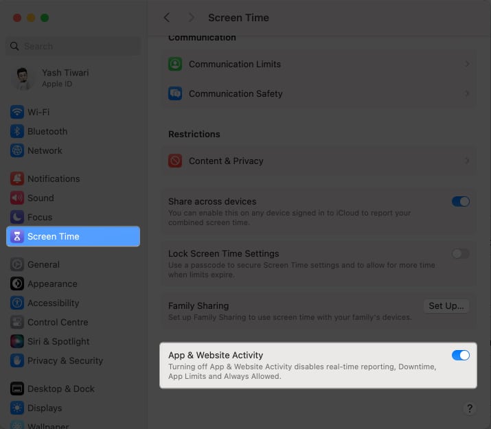 Screen time toggle off App Website Activity