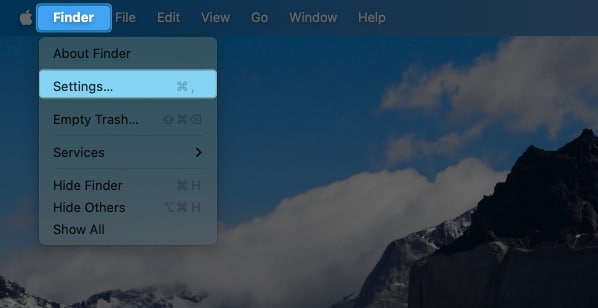 Select Finder and Setting from menu bar on Mac