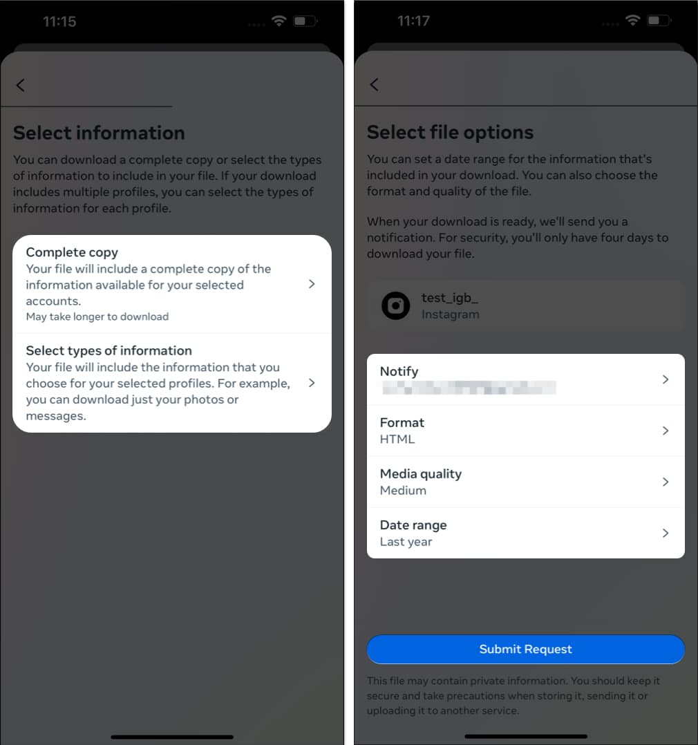 Select a type of file tap Continue in Instagram