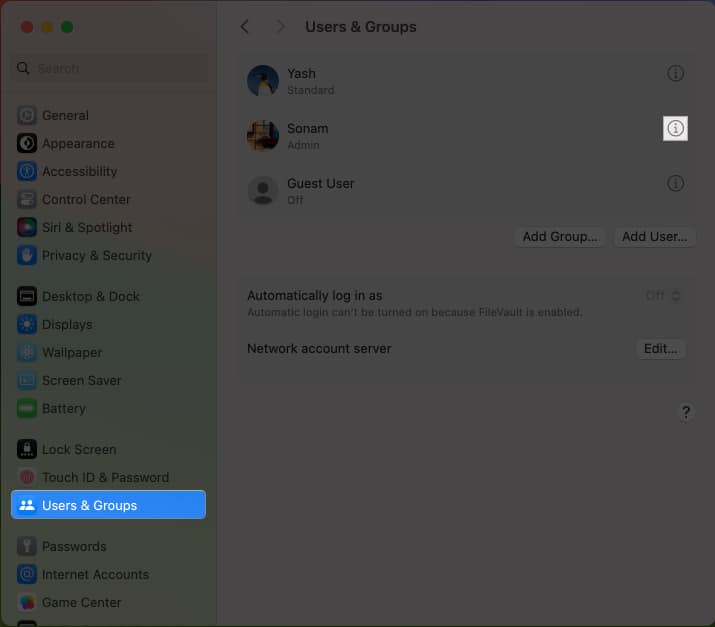 Select users and groups info icon next to user profile