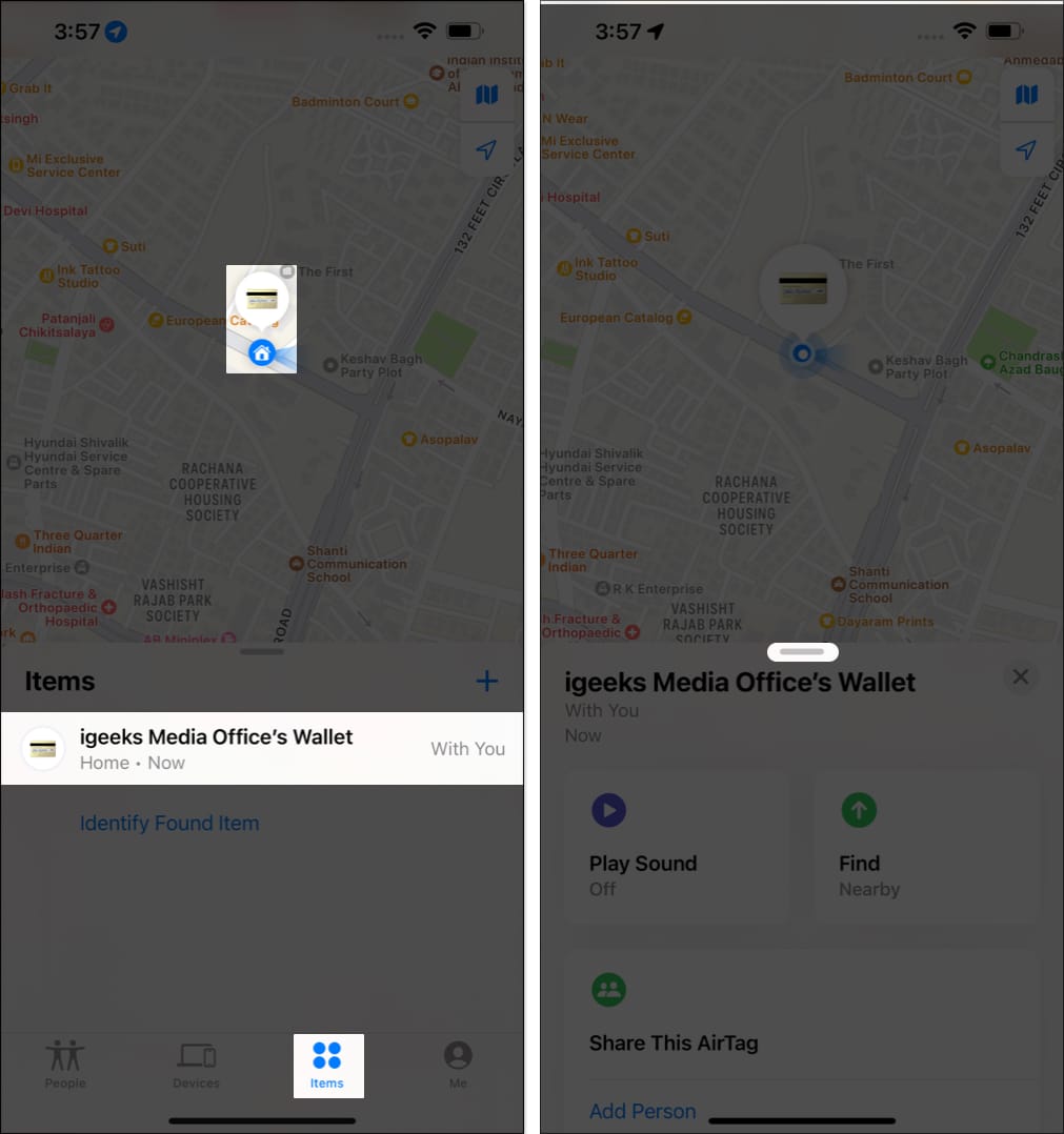 Select your AirTag access the action menu in Find My