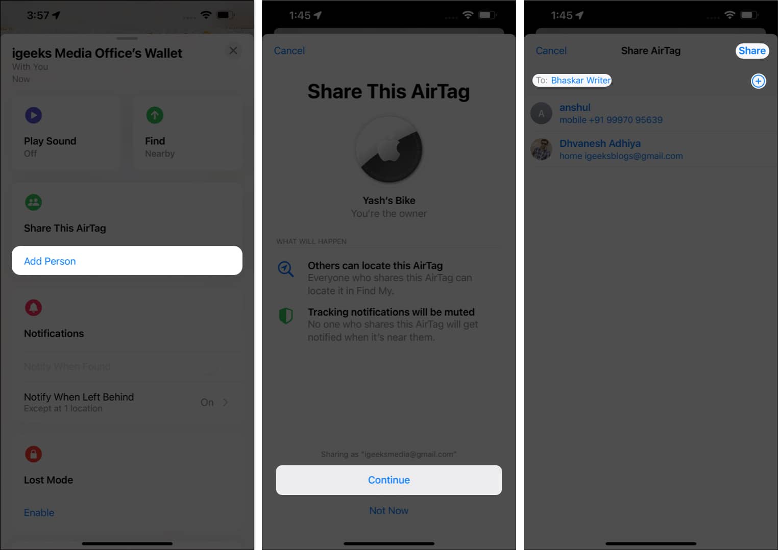 Tap Add Person add a participant Share in Find My