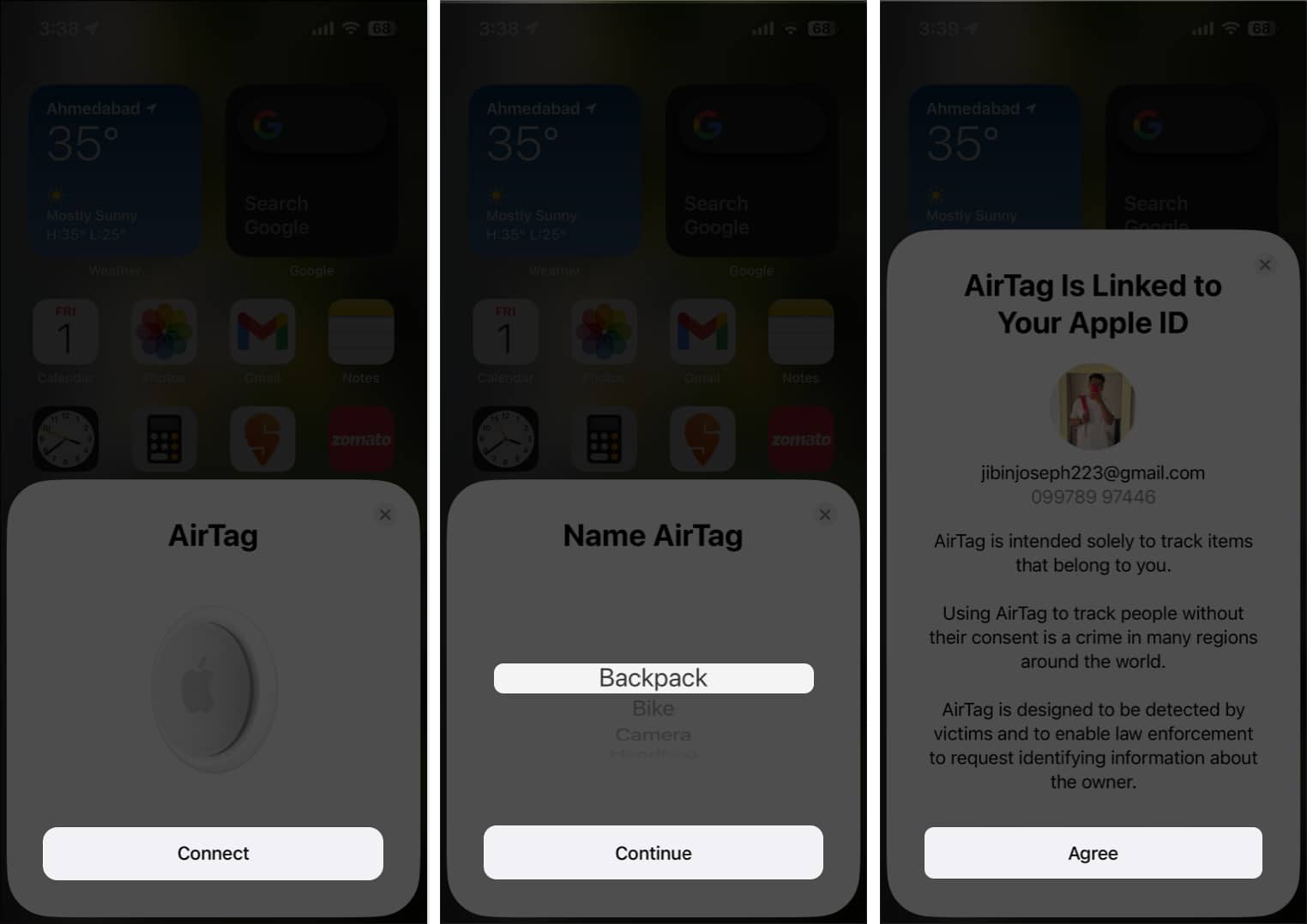 Tap Connect Continue Allow in AirTag