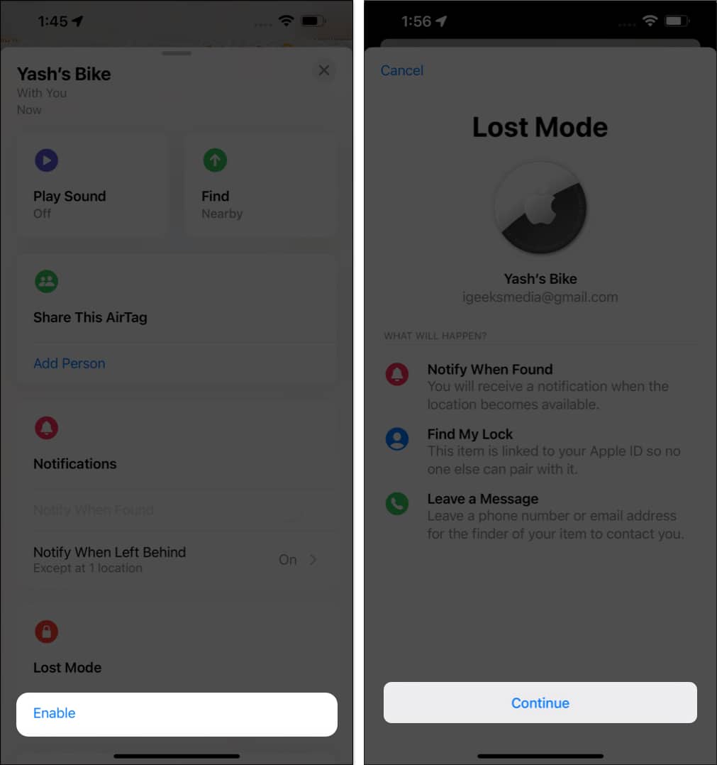 Tap Enable Continue in Find My
