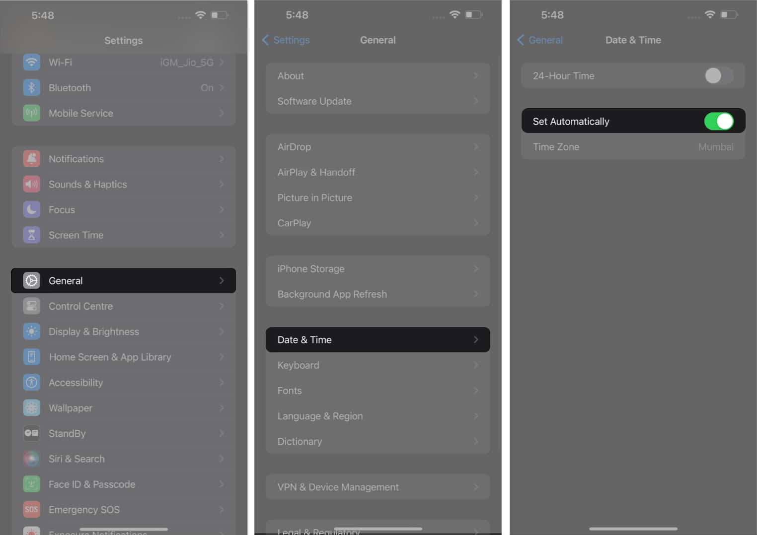 Tap general date and time toggle on set automatically in settings