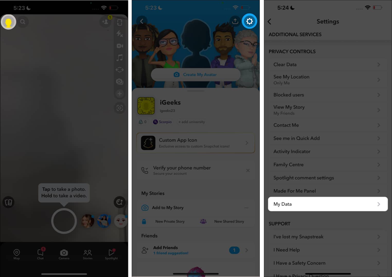 Tap on your profile icon pick the Settings icon and go to My Data