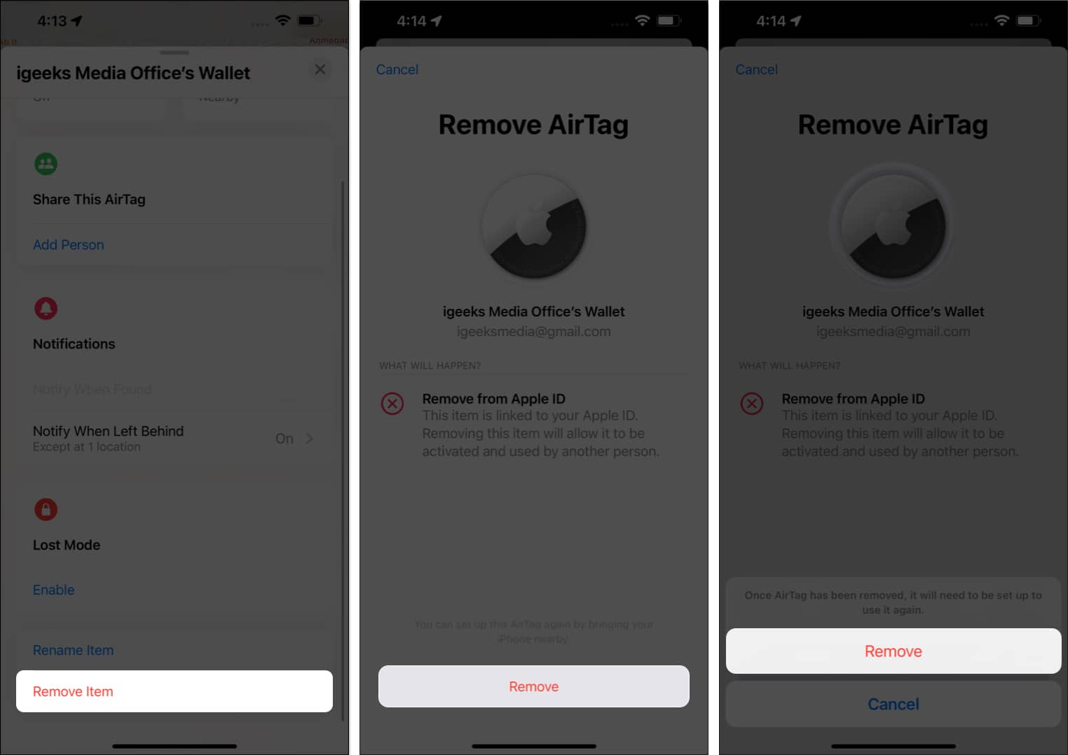 Tap remove item remove remove in Find My