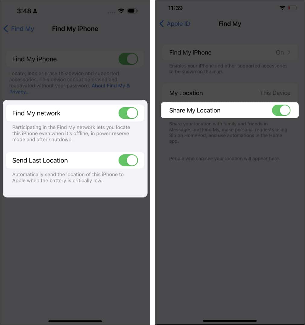Turn on Find My Network Send Last Location and Share My Location