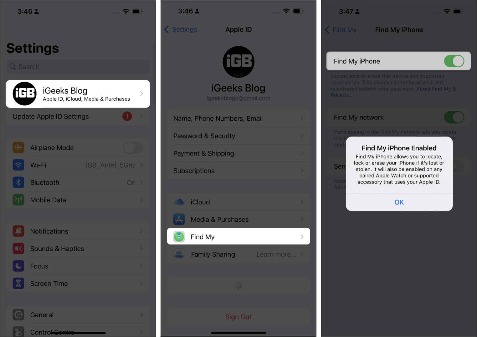 Turning on the Find My iPhone feature in iOS Settings app on an iPhone