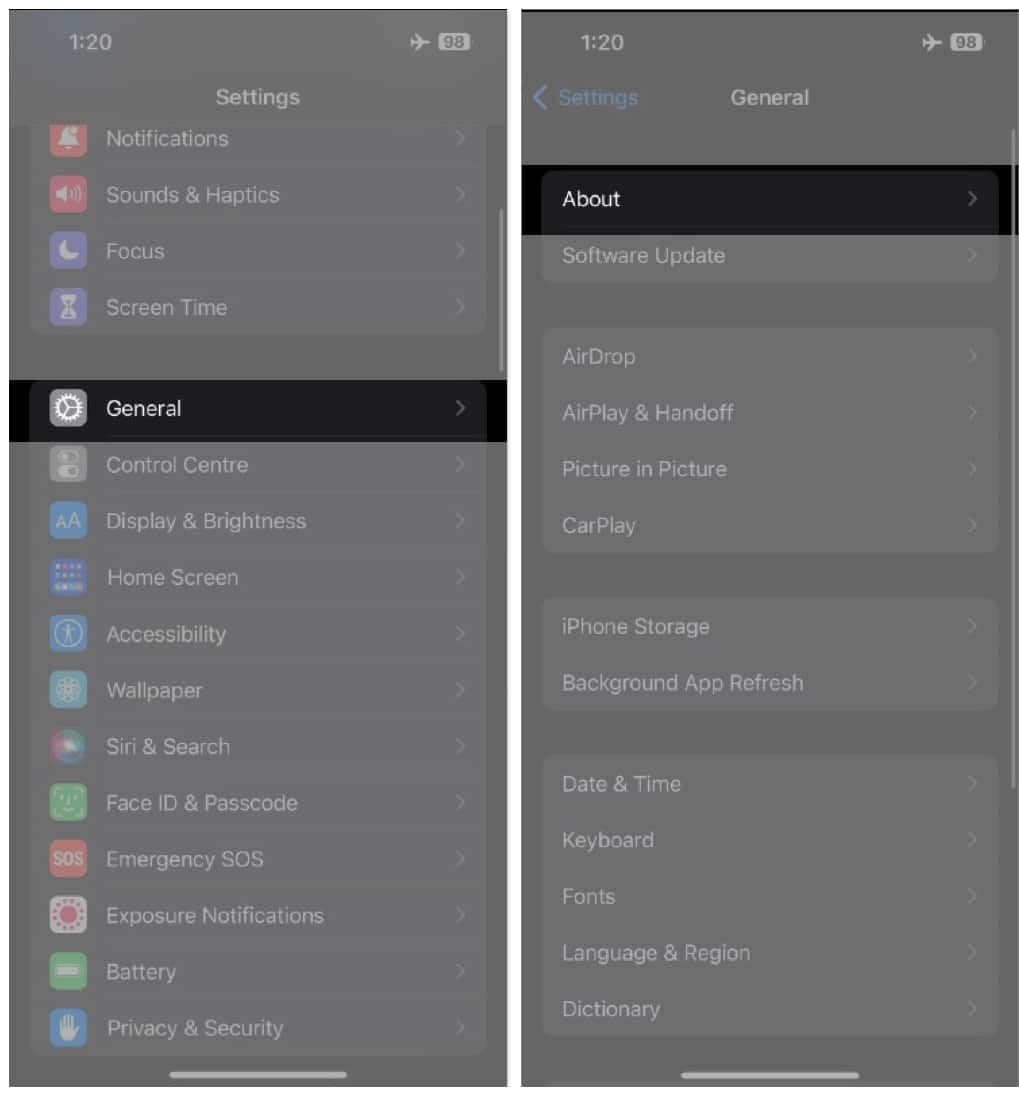 Update carrier settings go to Settings navigate to General tap About