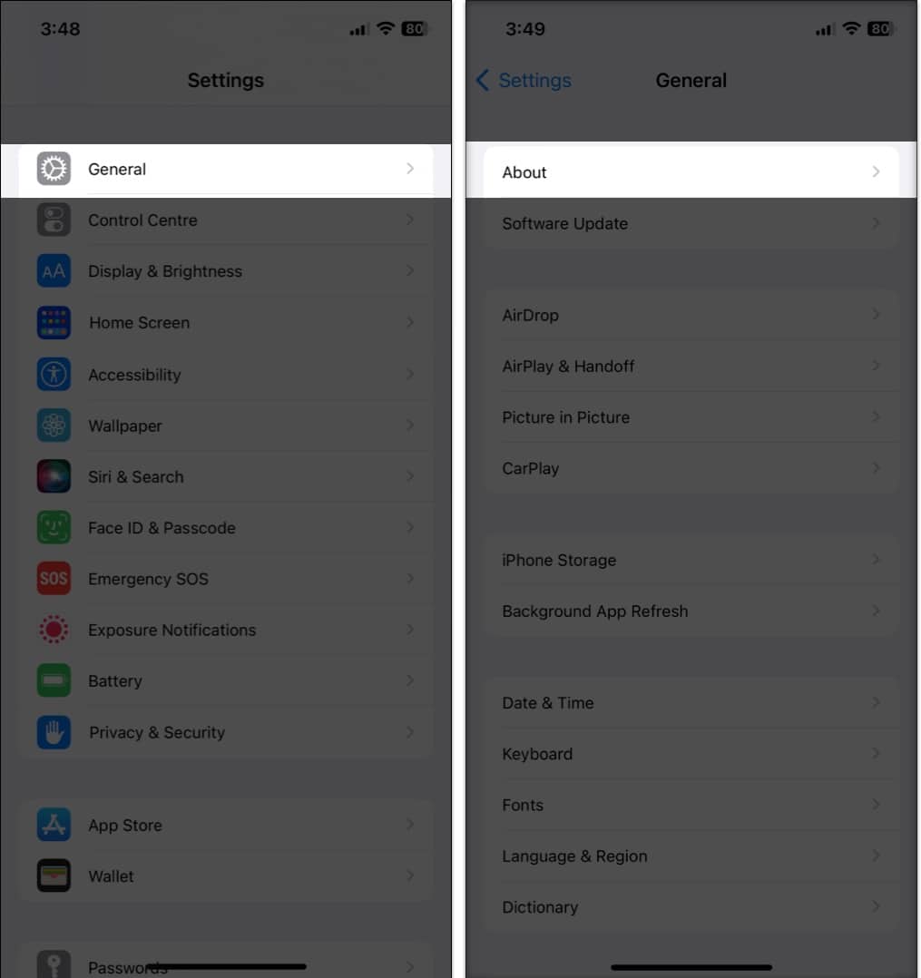 Checking for available carrier update in the Settings app on an iPhone