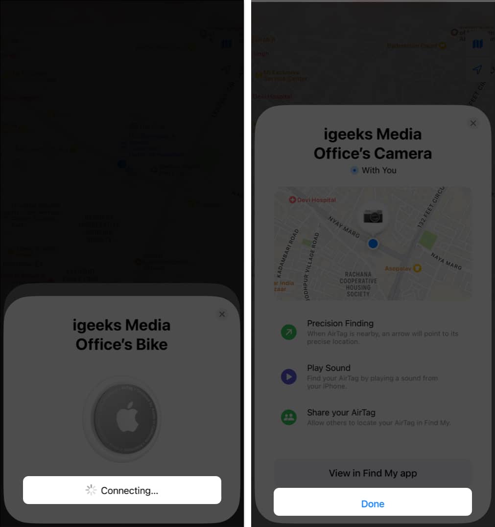 Wait for the AirTag to pair Done in Find My