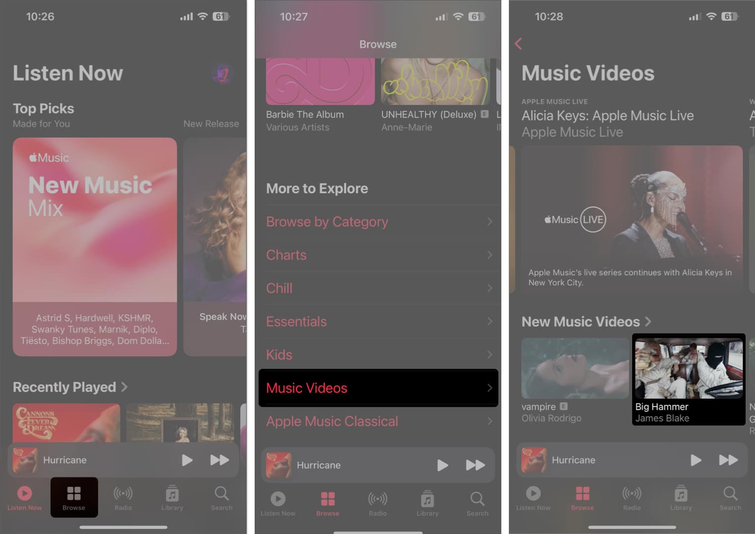 access music videos from browse tab