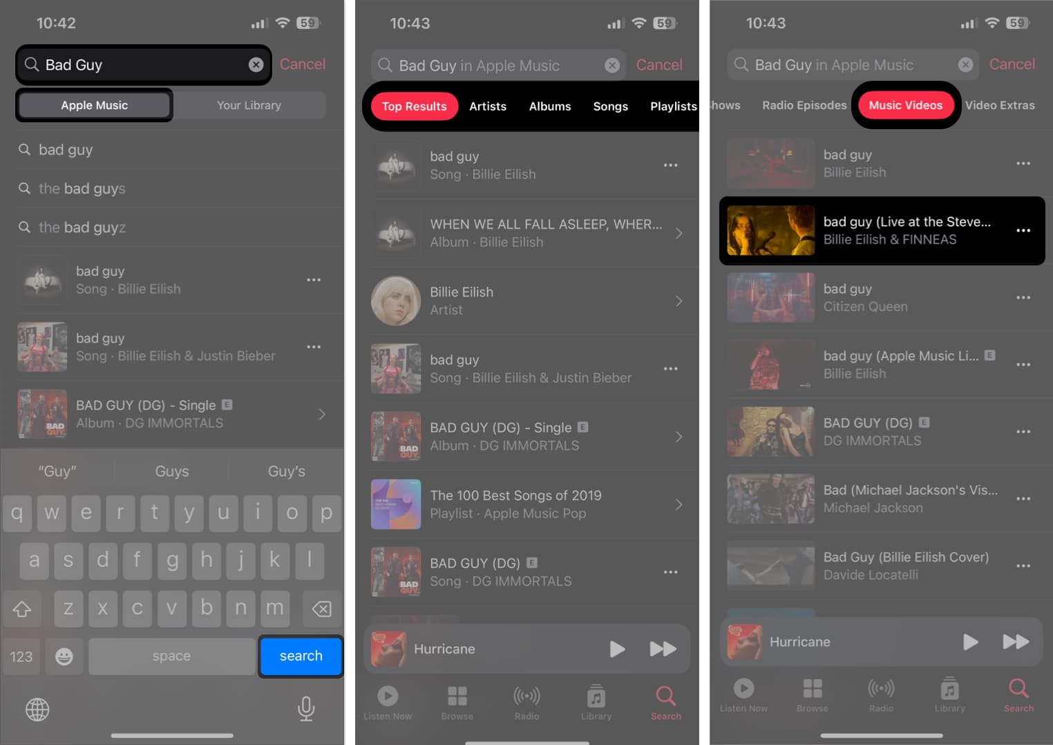 access music videos from the search ber
