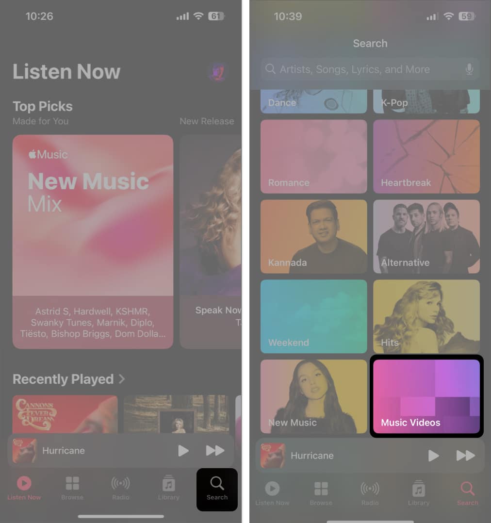 access music videos from the search tab