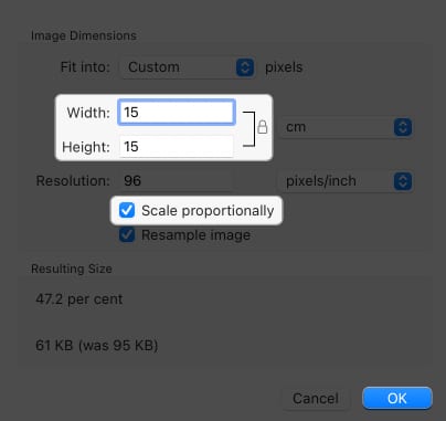 change width height check scale proportionally click ok in image preview