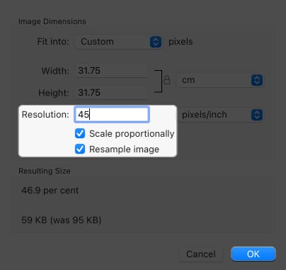 check resample image write a small resolution in image size