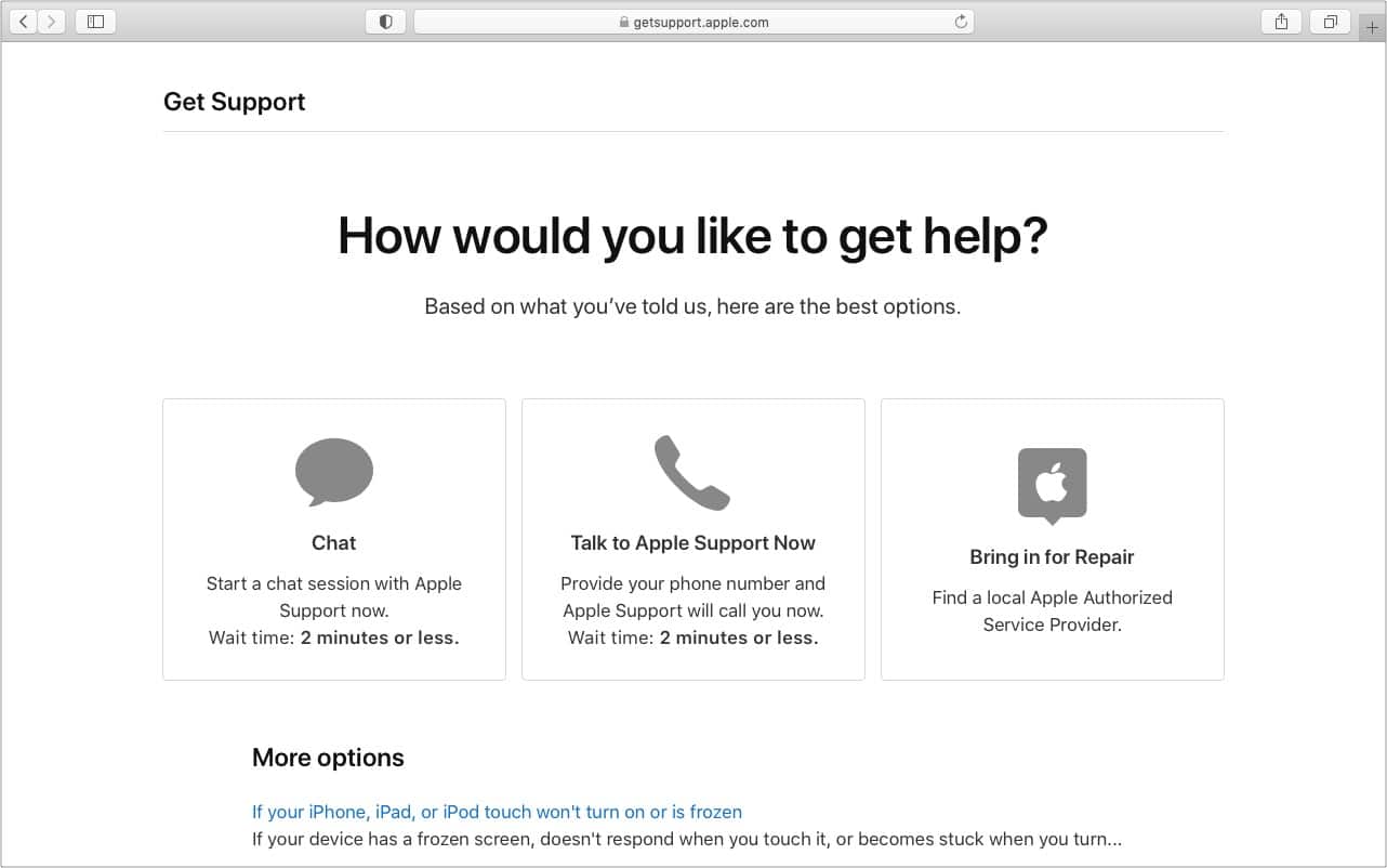 Choose Chat to connect with Apple Customer Care Person