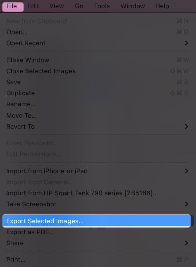 click file select export selected photos in preview