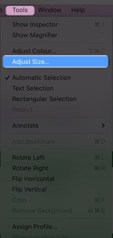 click tools select adjust size in preview